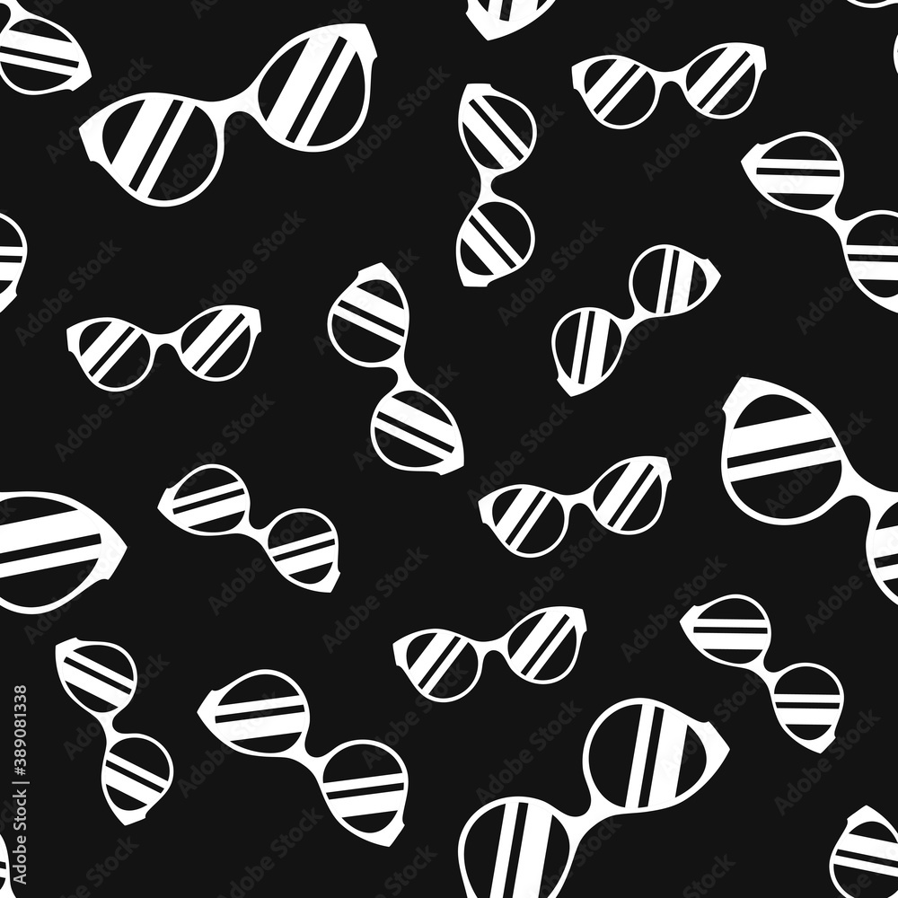Seamless pattern with white glasses on black background. Vector flat illustration.