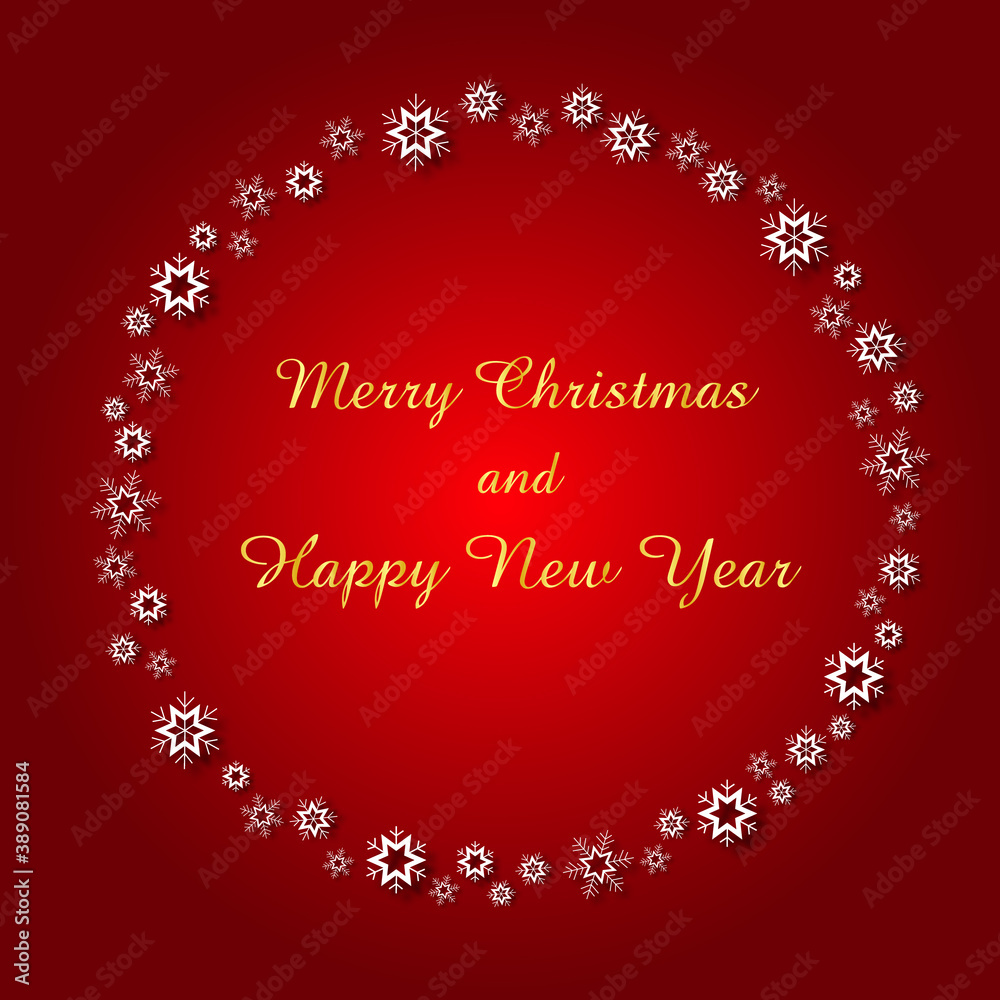 Postcard Merry Christmas and Happy New year with wreath of snowflakes on red background. Vector illustration