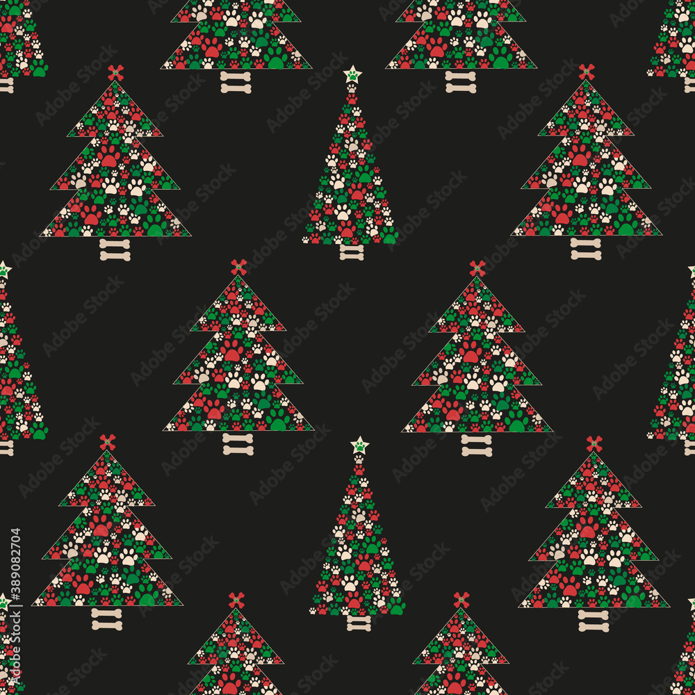 Made of paw print Christmas tree. Christmas and Happy new year seamless fabric design pattern background Made of paw print Christmas tree. Christmas and Happy new year seamless fabric design pattern background