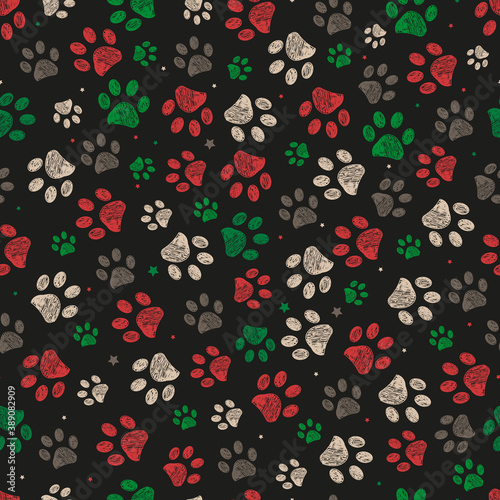 Trace doodle paw prints with stars seamless pattern background with christmas new year black background