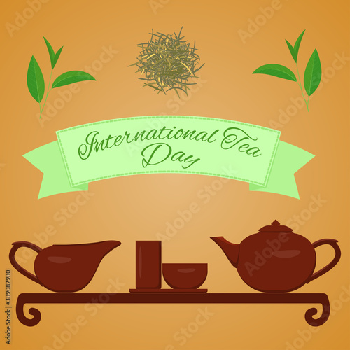 International Tea Day. Vector illustration. Tea, teaware, lettering on brown background