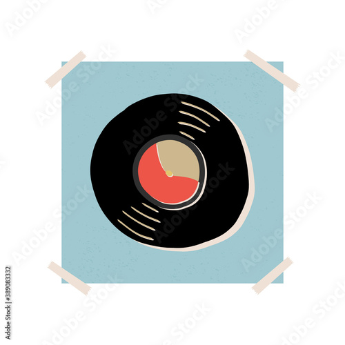 Funny retro style card design. Wall art or banner with decorating sticky tape and vinyl record disc on blue background.
