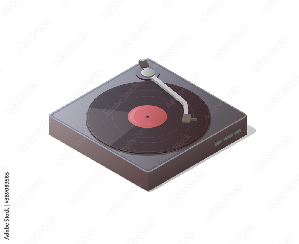 Old school music. Classic vinyl disc player. Vector isometric illustration. Isolated on white background. Old school music. Classic vinyl disc player. Vector isometric illustration. Isolated on white background.