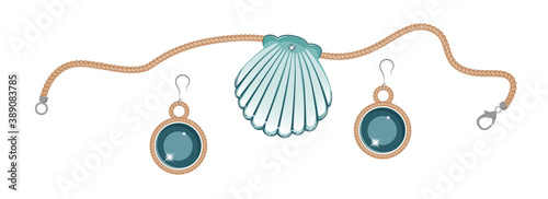 Seashell necklace on rope and earrings, marine jewerly. Vector illustration.