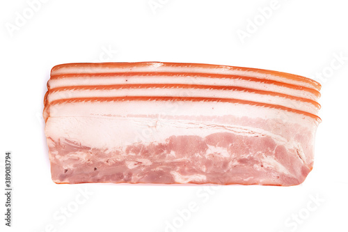 uncooked smoked pork bacon on a white background