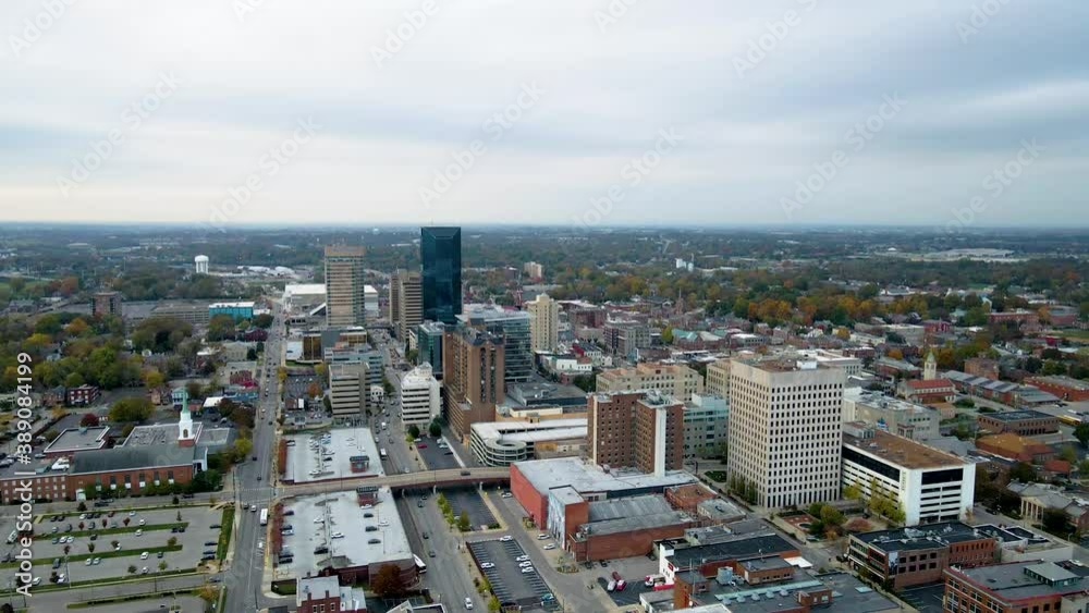 Stationary aerial view of downtown Lexington, Kentucky with cars moving on the streets Stationary aerial view of downtown Lexington, Kentucky with cars moving on the streets