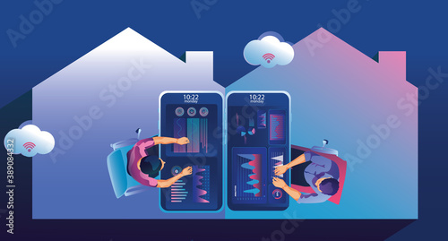Businessman work at home Through Smartphone Top view of big mock-up smartphone, Young people, man and woman freelancers working internet wi-fi, remote work,  work from home concept Vector illustration