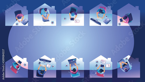 Work from home concept, Top view Young people, man and woman freelancers working on laptops at home. People at home remote work businessmen Staying home Distance, home office, vector illustration 