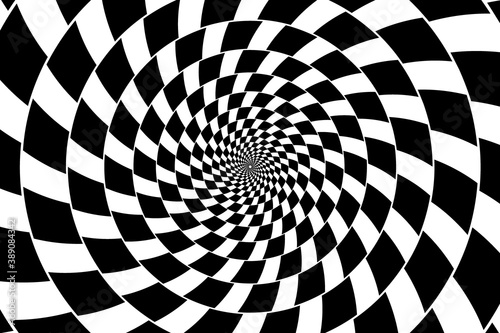 Black and white spirals of the rectangles radial expanding from the center, Optical illusion - chessboard swirl,