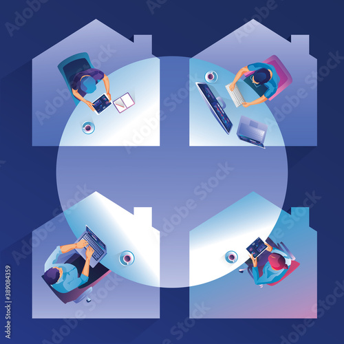 Work from home concept, Top view Young people, man and woman freelancers working on laptops at home. People at home remote work businessmen Staying home Distance, home office, vector illustration 