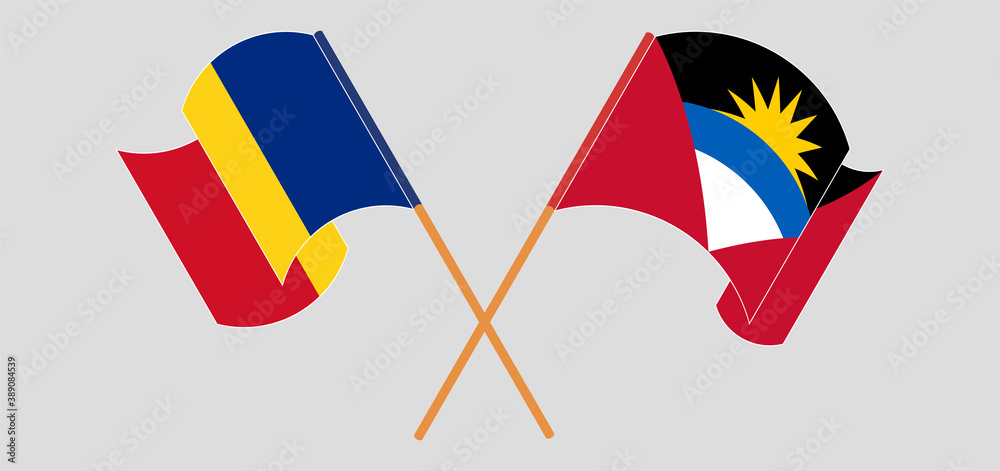Crossed flags of Antigua and Barbuda and Romania Crossed flags of Antigua and Barbuda and Romania