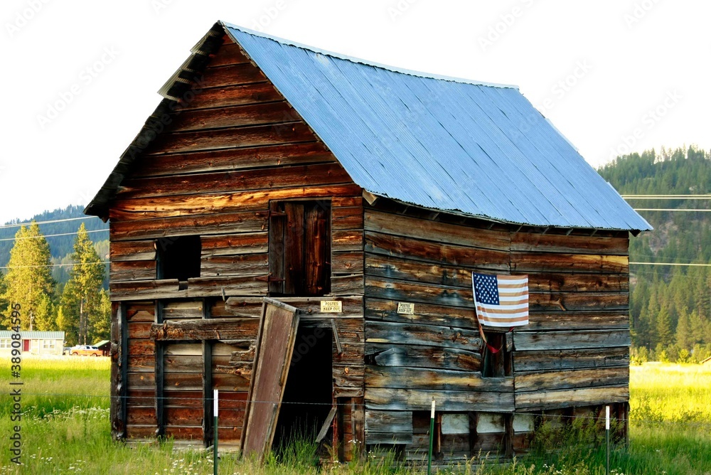 Rustic Abandoned Building With American Flag Rustic Abandoned Building With American Flag