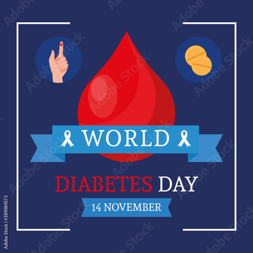 world diabetes day campaign with blood drop and ribbon frame vector illustration design