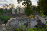 Old castle ruins in Czech Republic. Stone ruins of castle from 15th century. Trees growing over old ruins of castle called Pravda. 