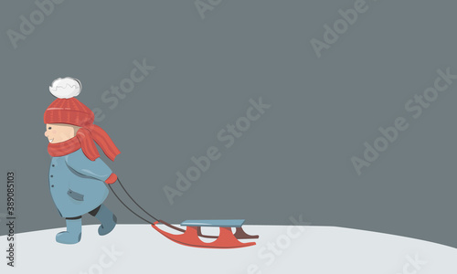 Child with sledges on background with copy place. Concept for Christmas and New Year. Design for postcards, congratulations. Vector illustration of a boy in winter clothes.