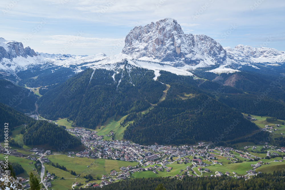 Hiking and trekking in the beautiful Mountains of Dolomites, wolkenstein in the valley under langkofel mountain