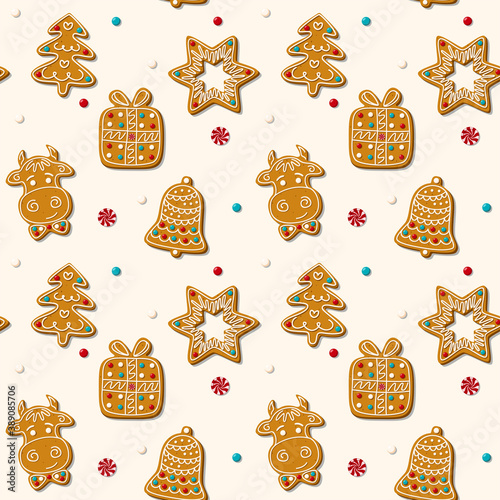 Seamless pattern with gingerbread sweet cookies and candy cane on white background. Vector illustration