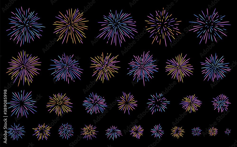 Hand drawn fireworks. Festival firework explosions in different sizes ...