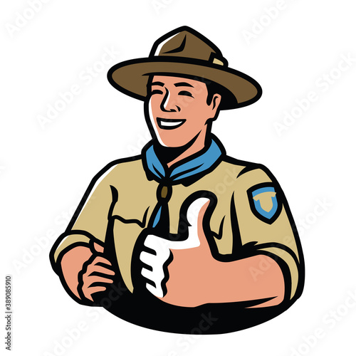 Park ranger in uniform. Scout, camping symbol vector illustration