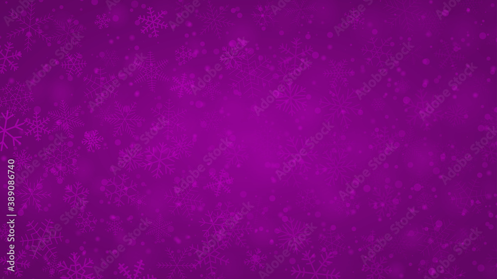 Christmas background of snowflakes of different shapes, sizes and transparency in purple colors