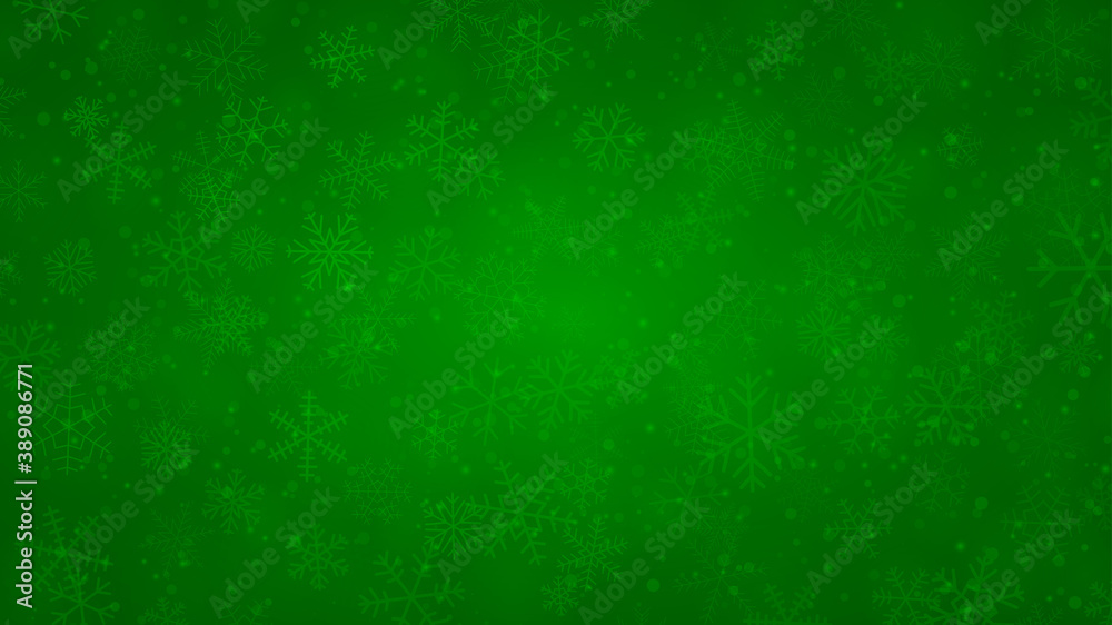 Christmas background of snowflakes of different shapes, sizes and transparency in green colors Christmas background of snowflakes of different shapes, sizes and transparency in green colors
