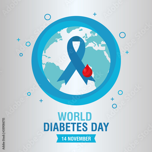 world diabetes day campaign with blue ribbon in earth planet and blood drop vector illustration design