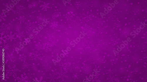 Christmas background of snowflakes of different shapes, sizes and transparency in purple colors