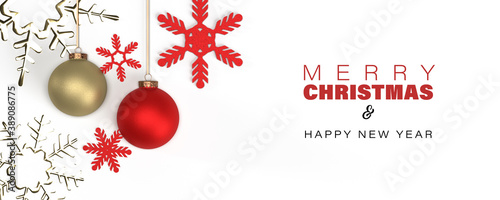 3d render. Happy New Year white background with Christmas snowflakes and balls