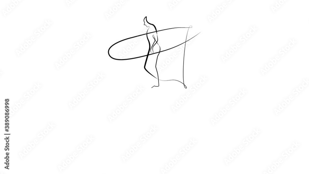 Girl and surfboard with one line. Animation with black line on white background Girl and surfboard with one line. Animation with black line on white background