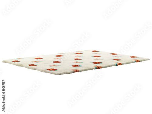 Modern light beige fluffy rectangular carpet with a red floral pattern. 3d render