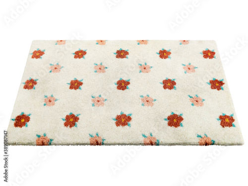Modern light beige fluffy rectangular carpet with a red floral pattern. 3d render