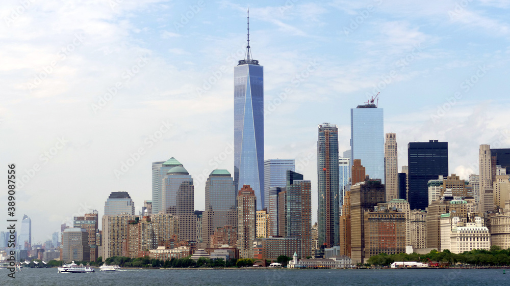 Lower Manhattan skyline in New York City with iconic buildings