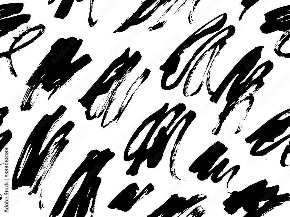 Monochrome Seamless Pattern for fabric design. Water splash paint splatter. Background texture old fabric. Ink paint Line vector.