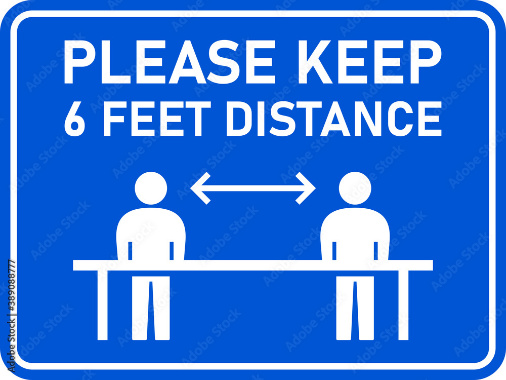 Please Keep 6 Feet Distance Horizontal Warning Sign Showing Socially Distancing Workers While Working. Vector Image.