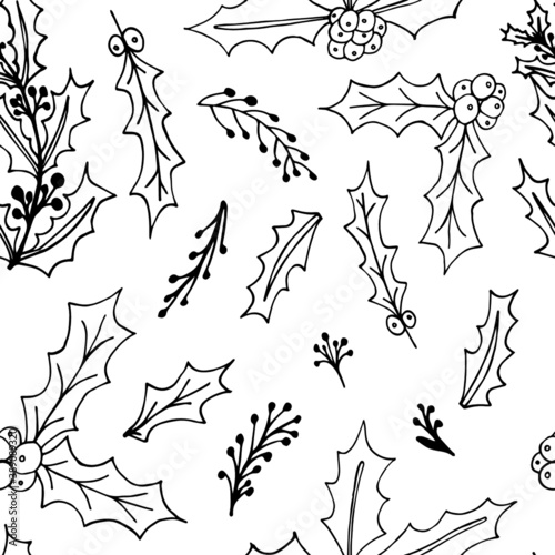 Mistletoe Christmas vector pattern. Seamless pattern with winter herbs on white background. For wrapping paper, textile, greeting cards, wallpapers.