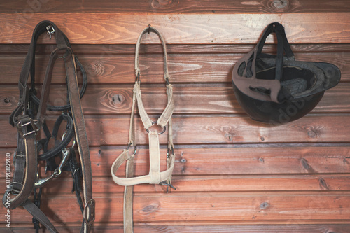 Fototapet Horse riding concept items, helmet and bridle hangs on a wooden wall