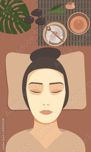 Asian woman relaxes after spa procedures. Laying in cosmetic mask on face with closed eyes. Spa elements cream, candle, rocks, flower and monstera leaf near. Flat fashion illustration.