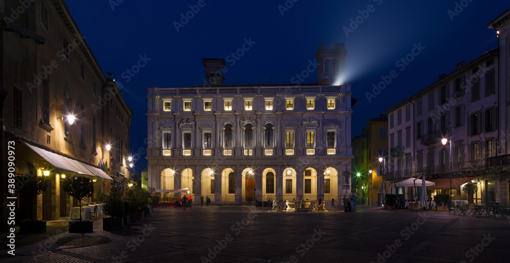 Bergamo - The Library palace on piazza vecchia at night