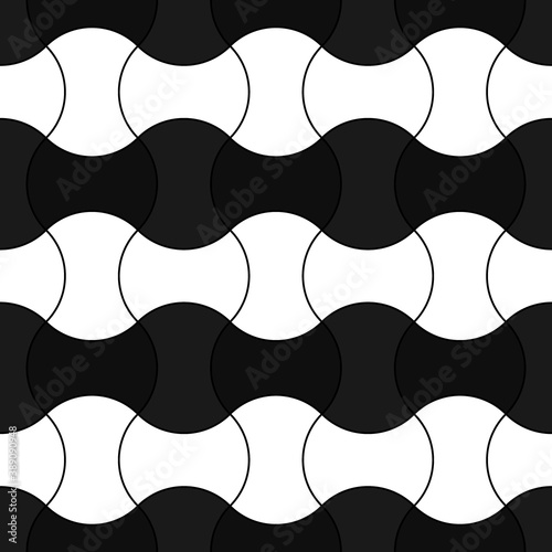 White interlocking blocks lines on black background. Seamless surface pattern design with ethnic ornament. Apple core quilts texture. Image with hammerhead, axehead and bow shapes. Patchwork motif.