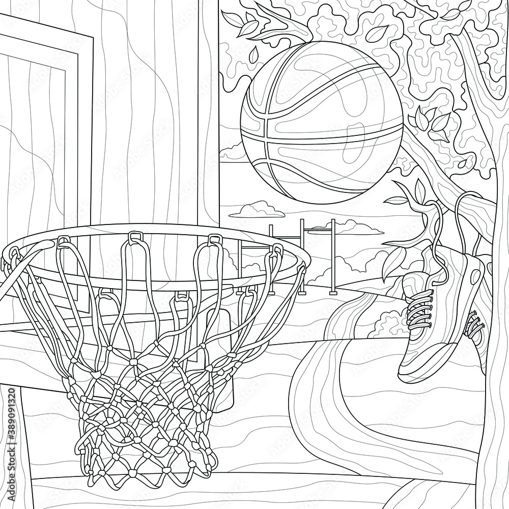Basketball.
Basketball hoop.Coloring book antistress for children and adults. Illustration isolated on white background.Zen-tangle style.с