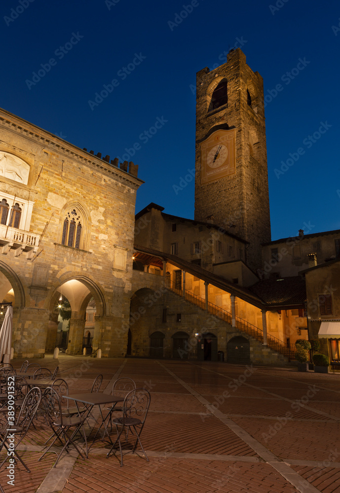 Bergamo - Torre del Comune at night on the Piazza Vecchia square