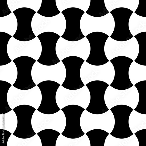 Apple core quilts texture. Patchwork motif. Seamless surface pattern design with ethnic ornament. Black interlocking axehead figures on white background. Digital paper with hammerhead shapes.