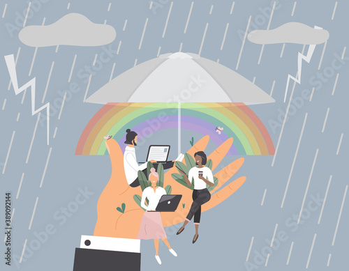 Tiny office workers sitting on huge hand under umbrella. Concept of good comfortable environment at work, favorable psychological climate,high pay and freedom of creativity for employees. Vector