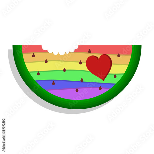 LGBT watermelon with heart isolated on white background. Bright colorful illustration of gay love on a bright sunny summer day