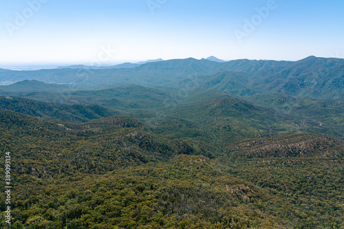 View of a green mountainous landscape in Australia.