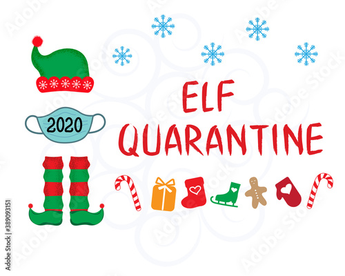 Elf quarantine winter concept. Fairy-tale character, medical protective mask and lettering. 
