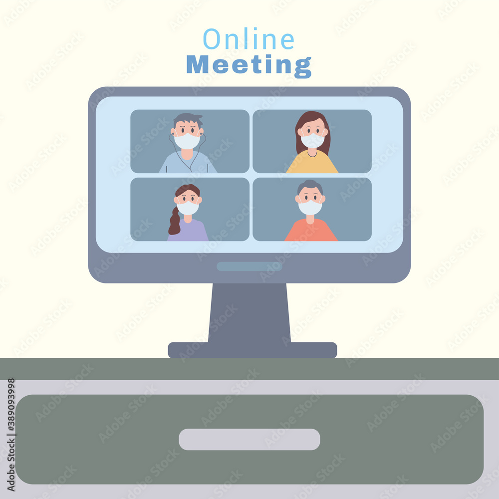 young people wearing face masks in desktop online meeting young people wearing face masks in desktop online meeting