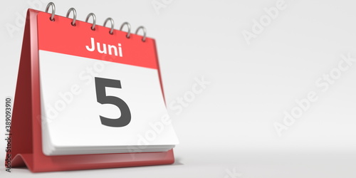 June 5 date written in German on the flip calendar page. 3d rendering