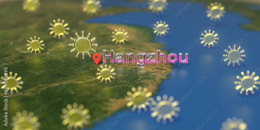 Hangzhou city and sunny weather icon on the map, weather forecast related 3D rendering Hangzhou city and sunny weather icon on the map, weather forecast related 3D rendering