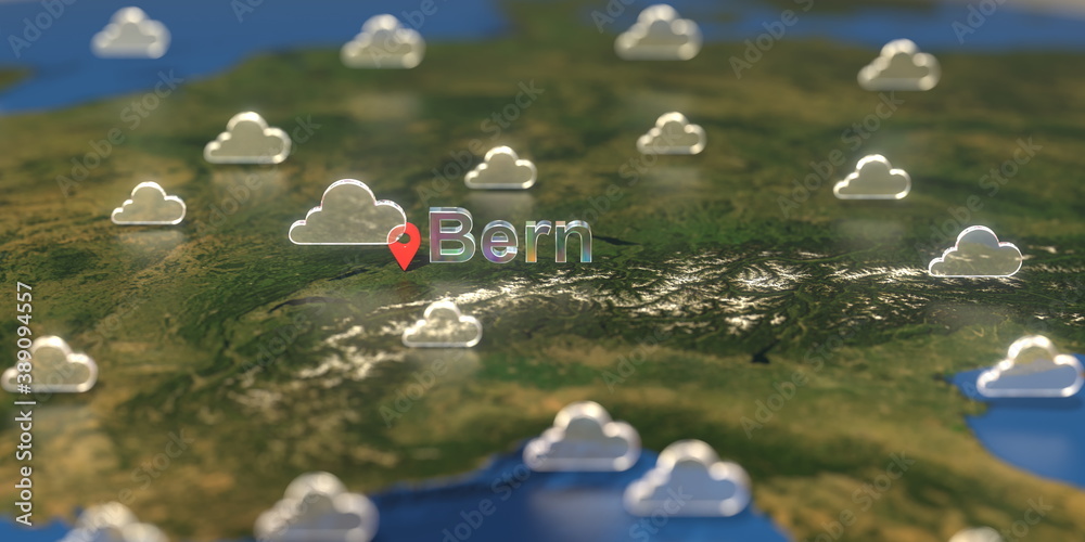 Bern city and cloudy weather icon on the map, weather forecast related 3D rendering Bern city and cloudy weather icon on the map, weather forecast related 3D rendering